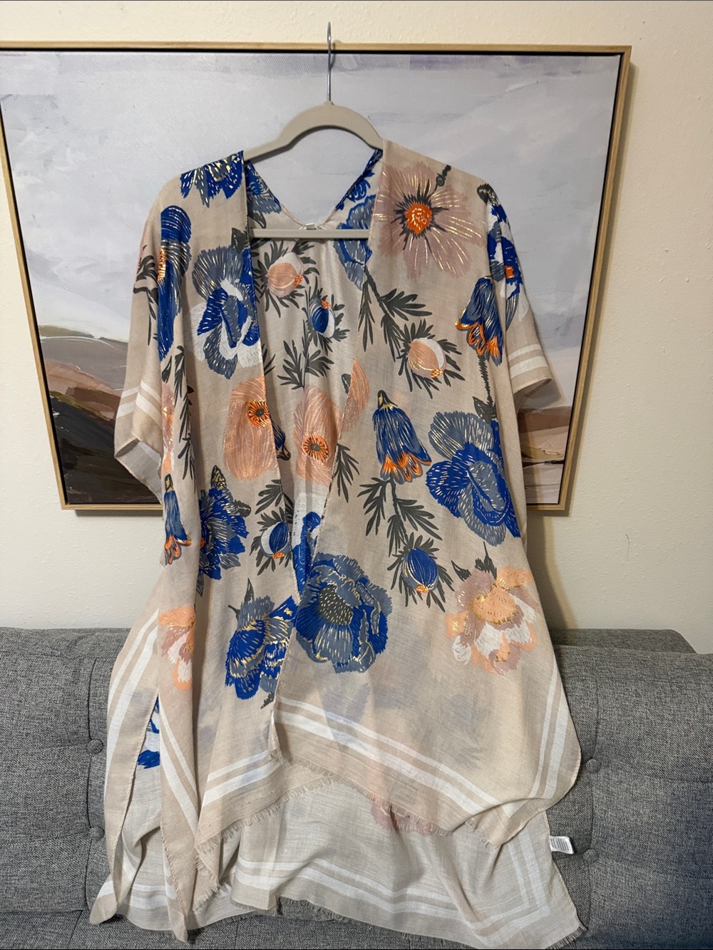 Woven Heart Beige Kimono Top with Blue & Peach Floral Print